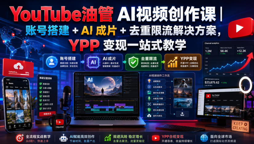 YouTube油管AI视频创作课|账号搭建+AI成片+去重限流解决方案,YPP变现一站式教学-易工具