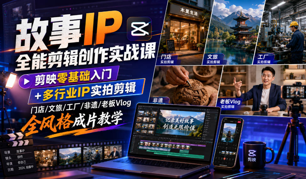 故事IP全能剪辑创作实战课|剪映零基础入门+多行业IP实拍剪辑,门店/文旅/工厂/非遗/老板Vlog全风格成片教学-易工具