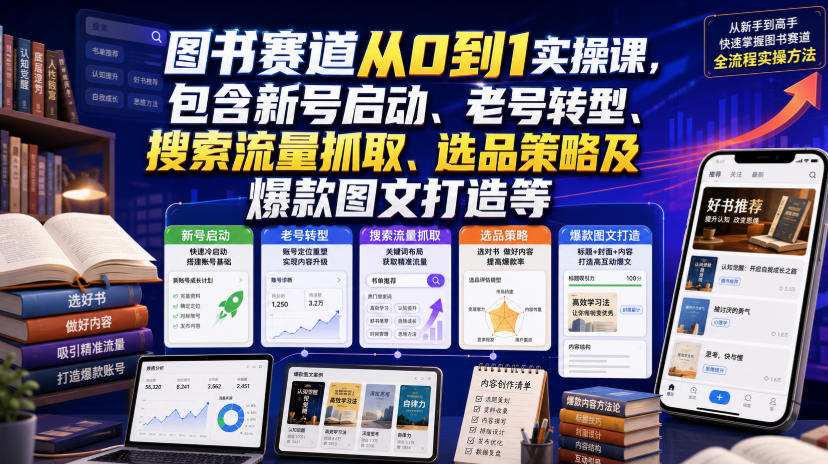 图书赛道从0到1实操课,包含新号启动、老号转型、搜索流量抓取、选品策略及爆款图文打造等-易工具