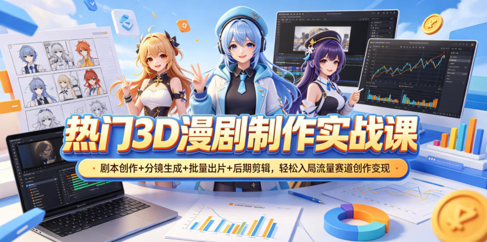 热门3D漫剧制作实战课,剧本创作+分镜生成+批量出片+后期剪辑,轻松入局流量赛道创作变现-易工具