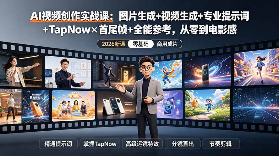 (19383期)AI视频创作实战课:图片生成+视频生成+专业提示词+TapNow×首尾帧+全能参考,从零到电影感成片-易工具
