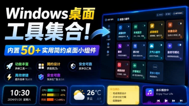 Windows桌面工具集合！内置50+实用简约桌面小组件，含截图、录屏、翻译、天气等，多秘工具箱-易工具