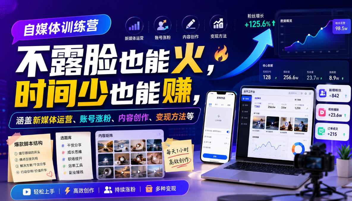 自媒体训练营，不露脸也能火，时间少也能賺，涵盖新媒体运营、账号涨粉、内容创作、变现方法等-易工具