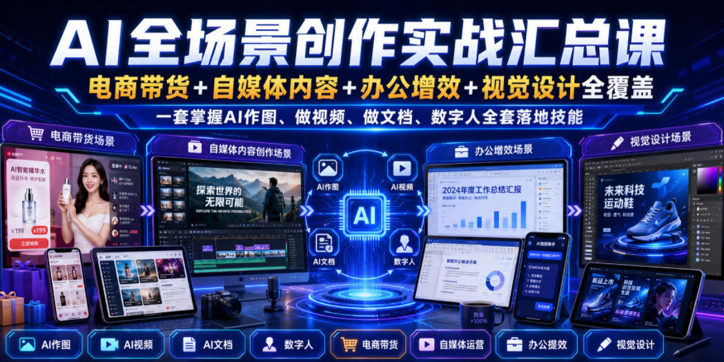 AI全场景创作实战汇总课|电商带货+自媒体内容+办公增效+视觉设计全覆盖,一套掌握AI作图、做视频、做文档、数字人全套落地技能-易工具
