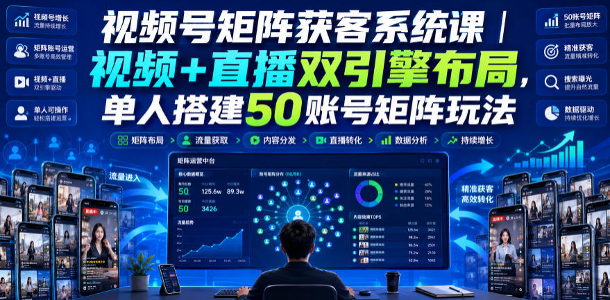 视频号矩阵获客系统课|视频+直播双引擎布局,单人搭建50账号矩阵玩法,流量入池、搜索占位、全域引流沉淀私域全流程教学-易工具