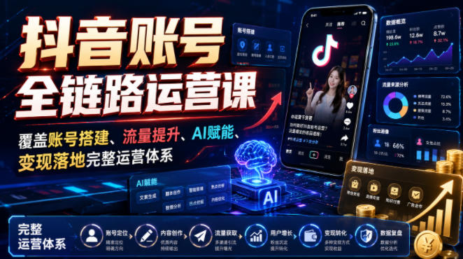 抖音账号全链路运营课,覆盖账号搭建、流量提升、AI赋能、变现落地完整运营体系-易工具
