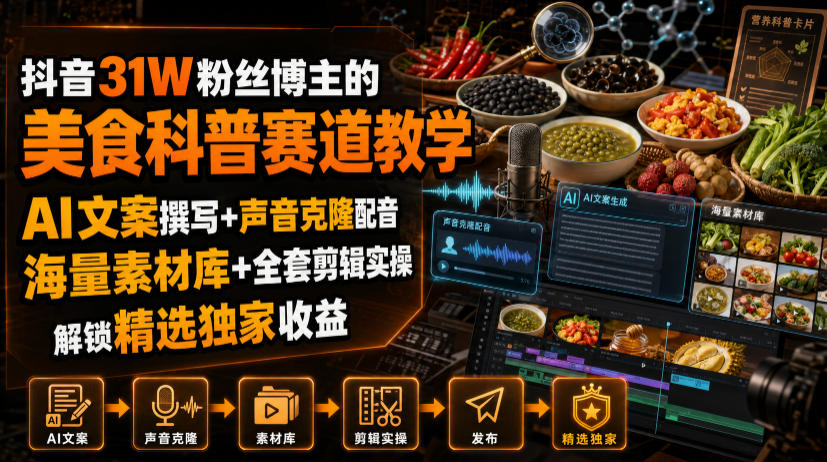 抖音31W粉丝博主的美食科普赛道教学,AI文案撰写+声音克隆配音+剪辑实操,解锁精选独家收益-易工具