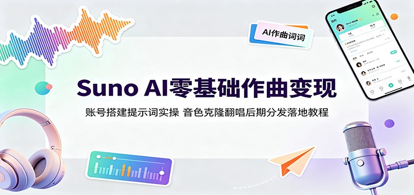 Suno AI零基础作曲变现:账号搭建提示词实操,音色克隆翻唱后期分发落地教程 Suno AI零基础作曲变现:账号搭建提示词实操,音色克隆翻唱后期分发落地教程