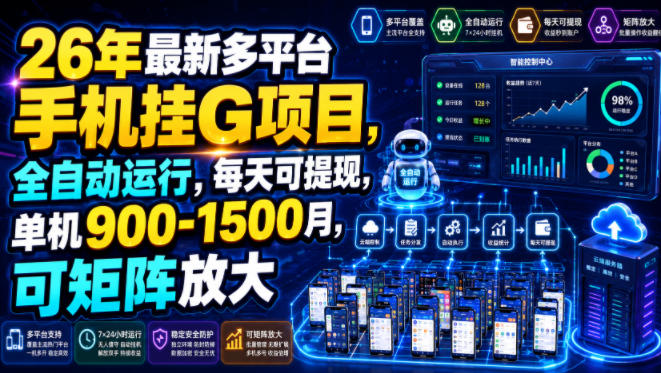 26年最新多平台手机挂G项目，全自动运行，每天可提现，单机900-1500月，可矩阵放大【揭秘】-易工具