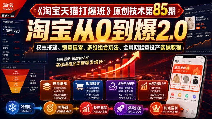 《淘宝天猫打爆班》原创技术第85期，淘宝从0到爆2.0，权重搭建、销量破零、多维组合玩法、全周期起量投产实操教程-易工具