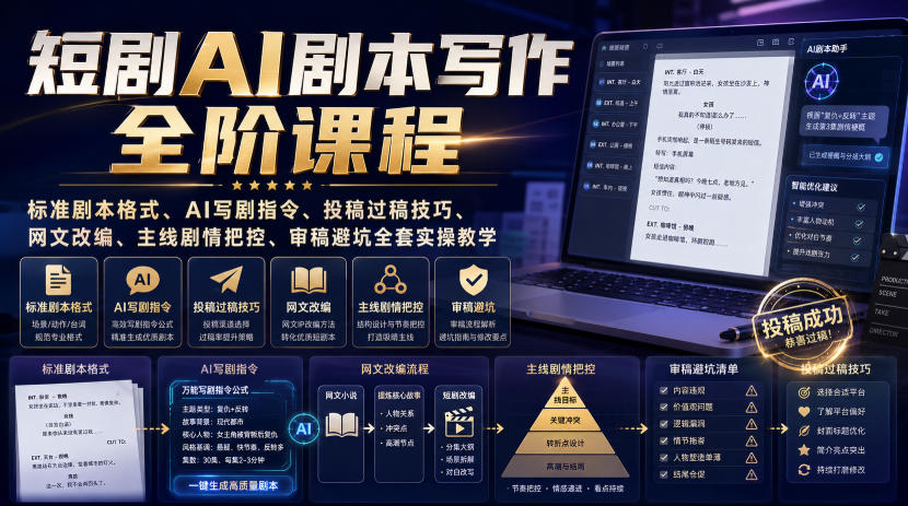 短剧AI剧本写作全阶课程｜标准剧本格式、AI写剧指令、投稿过稿技巧、网文改编、主线剧情把控、审稿避坑全套实操教学-易工具
