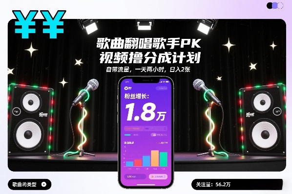 歌曲翻唱歌手PK视频撸分成计划,自带流量,一天两小时,日入2张 歌曲翻唱歌手PK视频撸分成计划,自带流量,一天两小时,日入2张