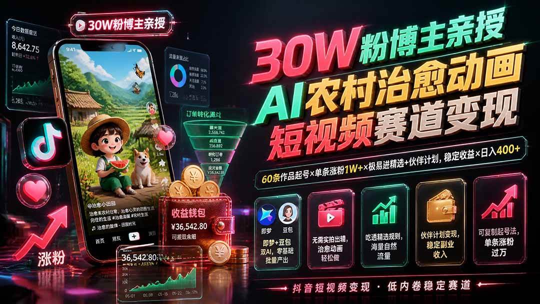 （19648期）30W粉博主亲授AI农村治愈动画短视频赛道变现：60条作品起号×单条涨粉1W+×极易进精选+伙伴计划，稳定收益×日入400+
