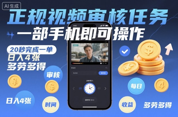 正规视频审核任务,一部手机即可操作,20秒完成一单,日入4张,多劳多得【揭秘】-易工具