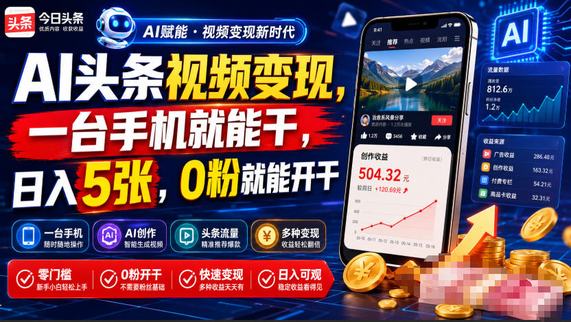 AI头条视频变现，一台手机就能干，日入5张，0粉就能开干-易工具