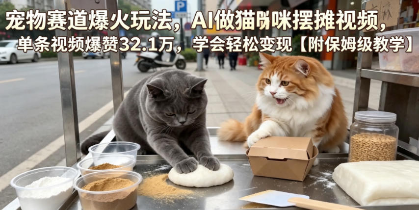 宠物赛道爆火玩法，AI做猫咪摆摊视频，单条视频爆赞32.1万，学会轻松变现【附保姆级教学】