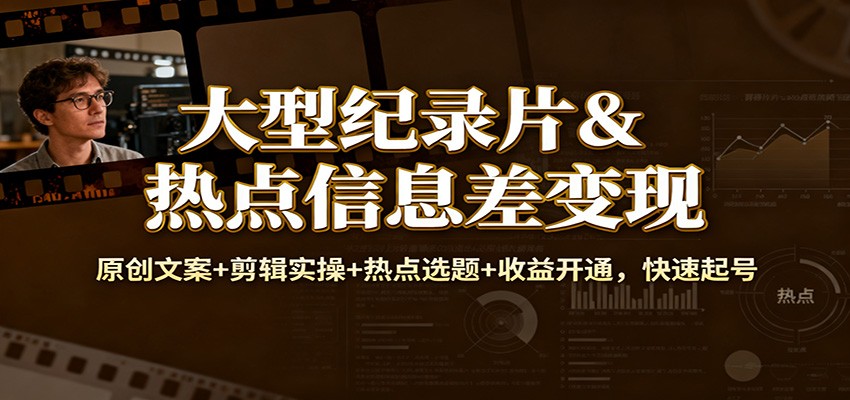 大型纪录片&热点信息差变现：原创文案+剪辑实操+热点选题+收益开通，快速起号-易工具