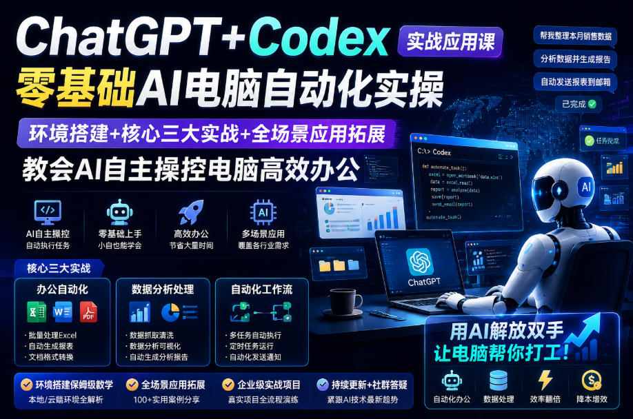 ChatGPT+Codex实战应用课|零基础AI电脑自动化实操,环境搭建+核心三大实战+全场景应用拓展,教会AI自主操控电脑高效办公-易工具