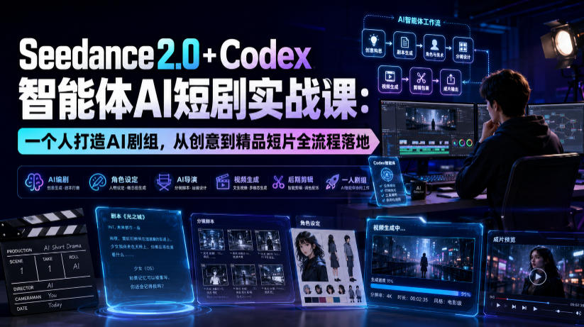 Seedance2.0+Codex智能体AI短剧实战课:一个人打造AI剧组,从创意到精品短片全流程 Seedance2.0+Codex智能体AI短剧实战课:一个人打造AI剧组,从创意到精品短片全流程