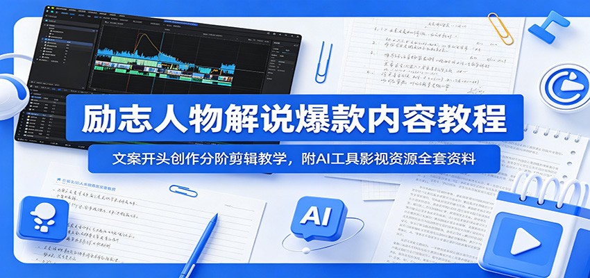 励志人物解说爆款内容教程:文案开头创作分阶剪辑教学,附AI 工具影视资源全套资料-易工具