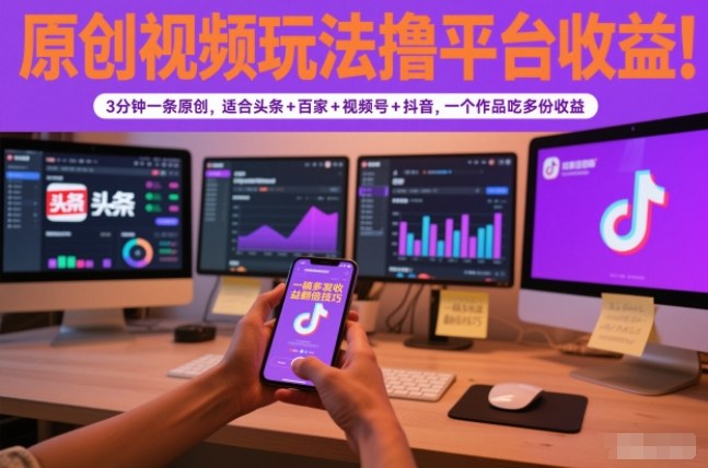 原创视频玩法撸平台收益，3分钟一条原创，适合头条+百家+视频号+抖音，一个作品吃多份收益-易工具