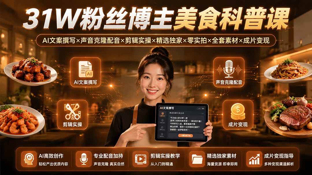 （19558期）31W粉丝博主美食科普课：AI文案撰写×声音克隆配音×剪辑实操×精选独家×零实拍×全套素材×成片变现-易工具