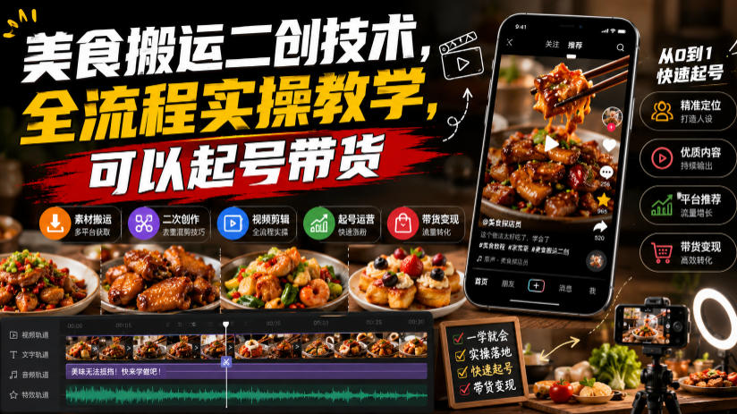 美食搬运二创技术,全流程实操教学,可以起号带货-易工具