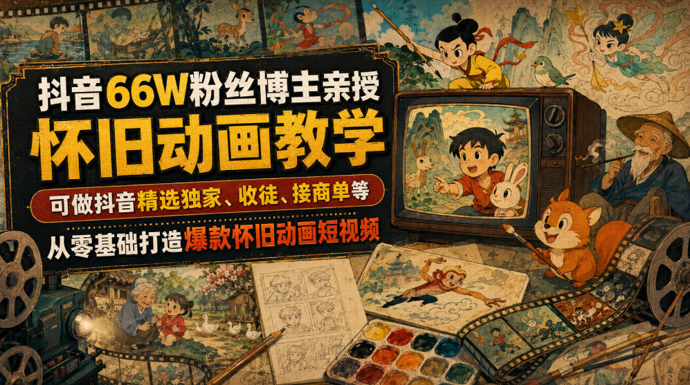 抖音66W粉丝博主亲授怀旧动画教学，可做抖音精选独家、收徒、接商单等，从零基础打造爆款怀旧动画短视频-易工具