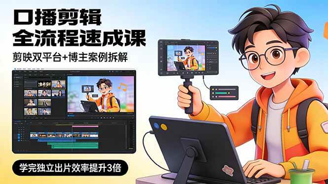 （17420期）口播剪辑全流程速成课，剪映双平台+博主案例拆解，学完独立出片效率提升3倍