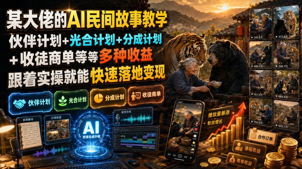 (19360期)某大佬的AI民间故事教学,伙伴计划+光合计划+分成计划+收徒商单等多种收益,跟着实操就能快速落地变现-易工具