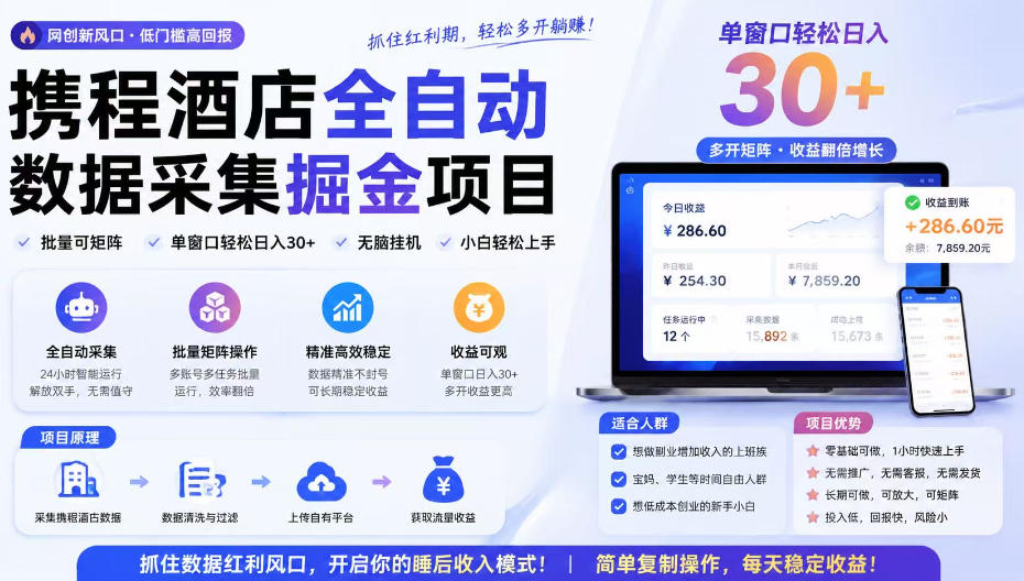 携程酒店全自动采集项目,全程自动浏览,可批量矩阵放大,单机日收300+【揭秘】 携程酒店全自动采集项目,全程自动浏览,可批量矩阵放大,单机日收300+【揭秘】