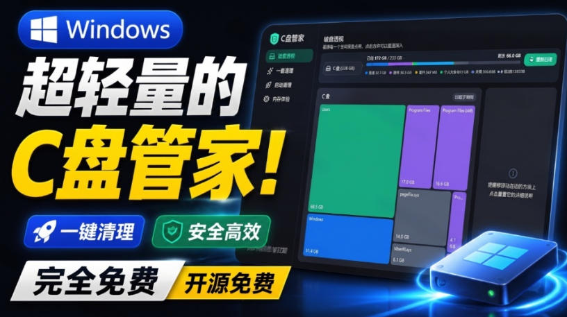 Windows超轻量的C盘管家！超级有特点，支持磁盘分析及清理提醒，2M大小体积，完全免费C盘管家-易工具