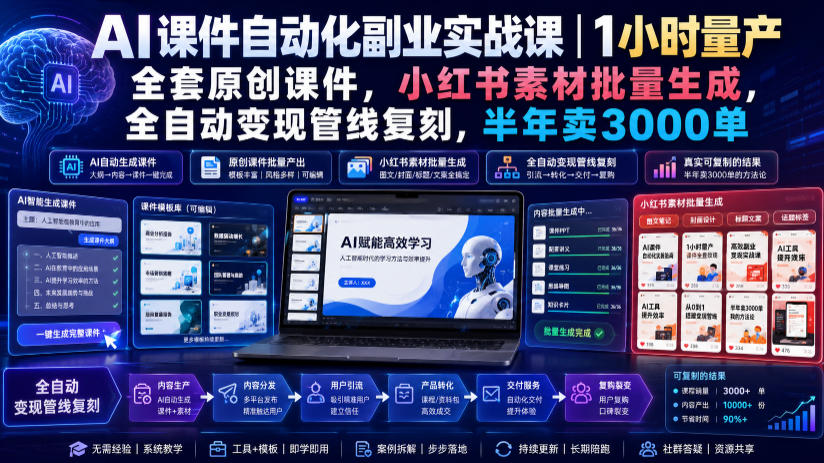 AI课件自动化副业实战课｜1小时量产全套原创课件，小红书素材批量生成，全自动变现管线复刻，半年卖3000单-易工具