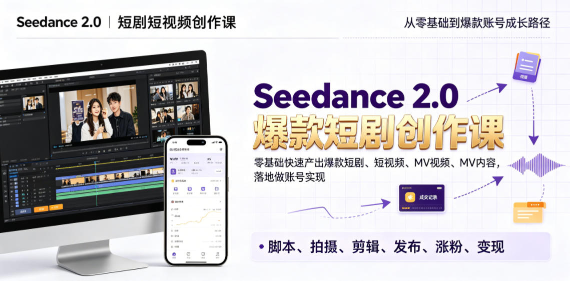 Seedance 2.0短剧短视频创作课,零基础快速产出爆款短剧、短视频、MV内容,落地做账号实现变现 Seedance 2.0短剧短视频创作课,零基础快速产出爆款短剧、短视频、MV内容,落地做账号实现变现