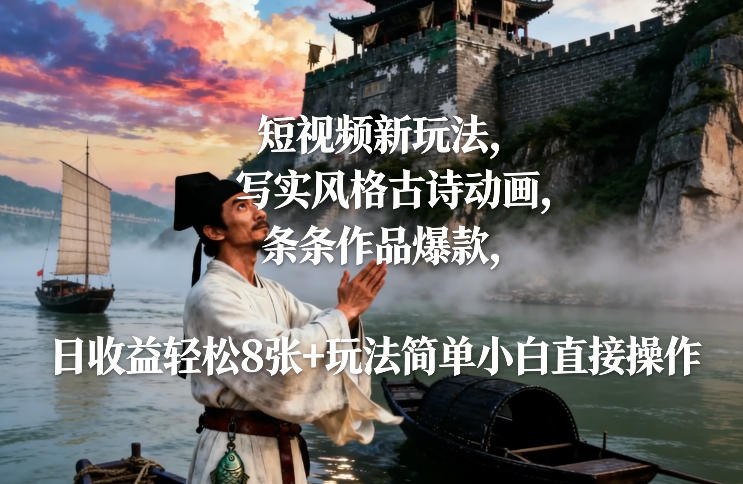短视频新玩法,写实风格古诗动画,条条作品爆款,日收益轻松8张+玩法简单小白直接操作 短视频新玩法,写实风格古诗动画,条条作品爆款,日收益轻松8张+玩法简单小白直接操作