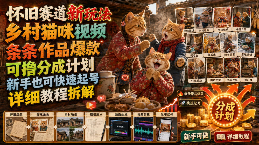 怀旧赛道新玩法，乡村猫咪视频，条条作品爆款，可撸分成计划，新手也可快速起号，详细教程拆解-易工具