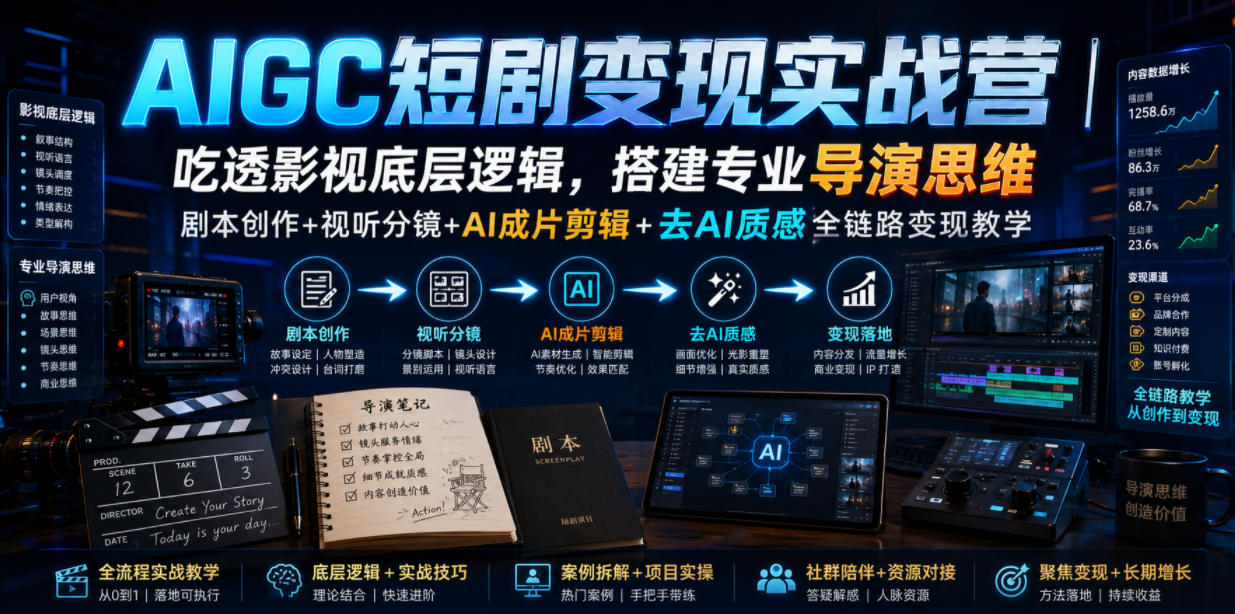 AIGC短剧变现实战营|吃透影视底层逻辑,搭建专业导演思维,剧本创作+视听分镜+AI成片剪辑+去AI质感全链路变现教学-易工具