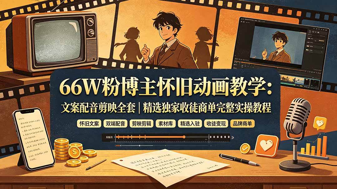 (19499期)66W粉博主怀旧动画教学:文案配音剪映全套|精选独家收徒商单完整实操教程-易工具