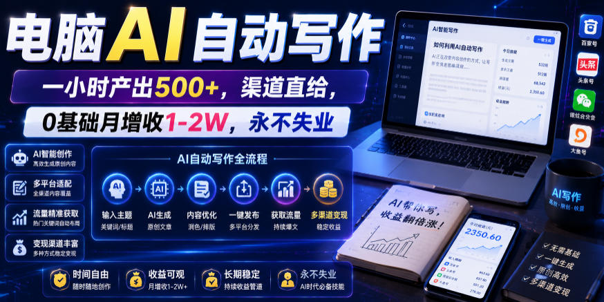 电脑AI自动写作，一小时产出500+，渠道直给，0基础月增收1-2W，永不失业【揭秘】-易工具