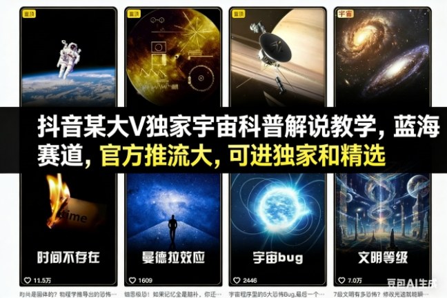 抖音某大V独家宇宙科普解说教学,蓝海赛道,官方推流大,可进独家和精选-易工具