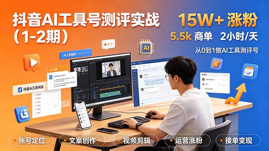 (19380期)抖音AI工具号测评实战(1-2期):单号涨粉15W+×商单5.5k×伙伴计划×普通人可复制,每天2小时长期可持续-易工具