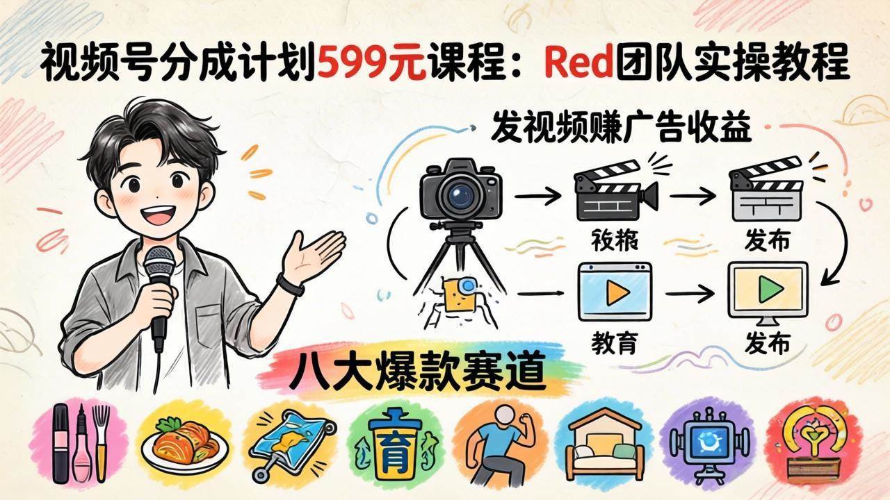 （18088期）视频号分成计划599元课程：Red团队实操教程，发视频赚广告收益，八大爆款赛道全掌握-易工具