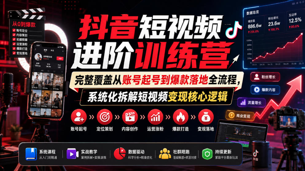 抖音短视频进阶训练营,完整覆盖从账号起号到爆款落地全流程,系统化拆解短视频变现核心逻辑 抖音短视频进阶训练营,完整覆盖从账号起号到爆款落地全流程,系统化拆解短视频变现核心逻辑