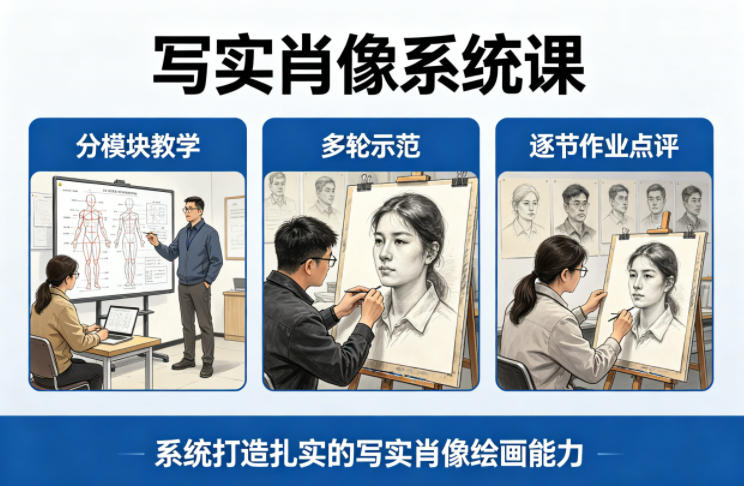 写实肖像系统课，全程分模块教学+多轮示范+逐节作业点评，系统打造扎实的写实肖像绘画能力-易工具