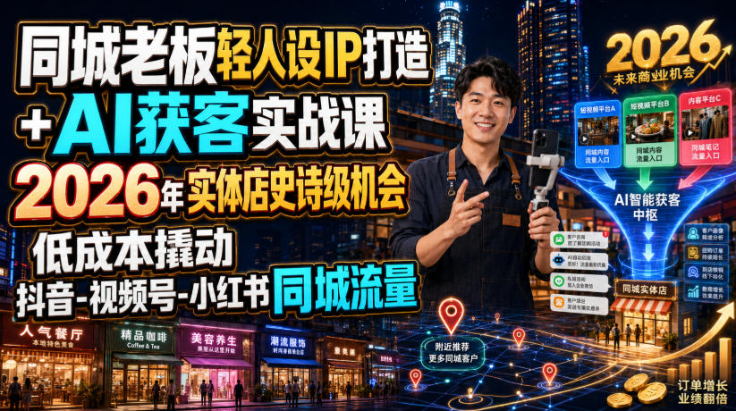 同城老板轻人设IP打造+AI获客实战课，2026年实体店史诗级机会，低成本撬动抖音-视频号-小红书同城流量