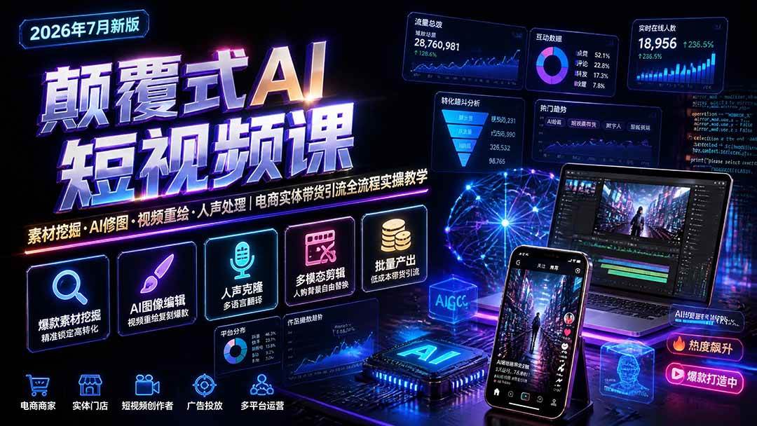 （19630期）颠覆式AI短视频课｜素材挖掘，AI修图，视频重绘，人声处理｜电商实体带货引流全流程实操教学