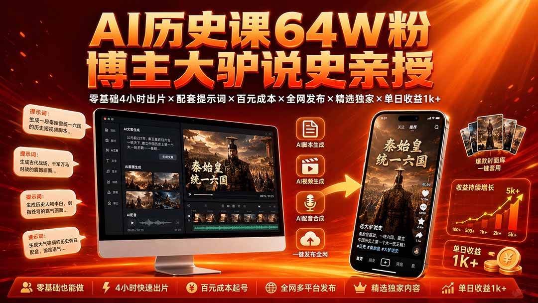 （19557期）AI历史课64W粉博主大驴说史亲授：零基础4小时出片×配套提示词×百元成本×全网发布×精选独家×单日收益1k+-易工具