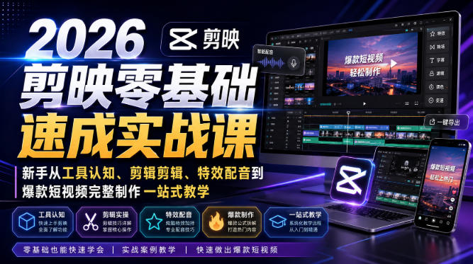 2026剪映零基础速成实战课｜新手从工具认知、剪辑剪辑、特效配音到爆款短视频完整制作一站式教学-易工具