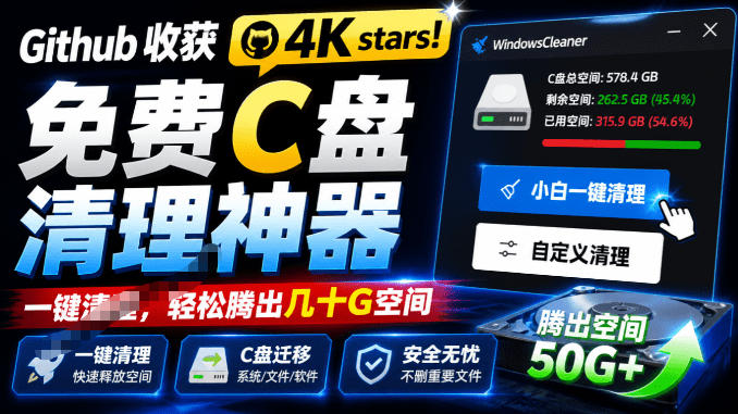 Github收获4K stars！免费C盘清理神器，轻松腾出几十G空间，支持C盘迁移Windows Cleaner-易工具