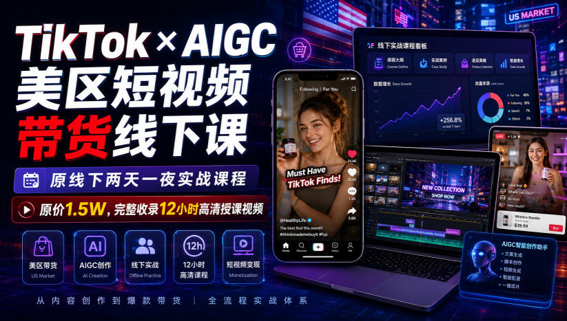 TikTok×AIGC美区短视频带货线下课，原线下两天一夜实战课程，原价1.5W，完整收录12小时高清授课视频-易工具